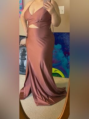 Morgan & Co. Copper-Brown Satin Maxi Dress with Side Slit